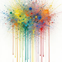 flecks of paint lush & immense density long strands of drips in all directions splatters of mixed pigments with solid color inside.