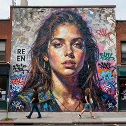 people walking past a weathered epic graffiti mural nyc, tagging, gritty realism