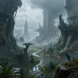 beautiful alien world landscape on a rainy day with a sci-fi city in the background, high detail, high definition, photorealistic, 8k