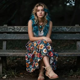 dslr photo of a pretty young woman with blue and blonde highlights in hair, sitting on a bench wearing a flower skirt, and body and wearing hemp sandals and a very detailed faerie necklace around neck, artgerm, artstation, very high quality face, extremely high quality, moody lighting, real camera, real photo, photography by deviantart, 8 k, full subject in shot