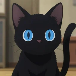 anime visual of a cute black cat, with blue eyes!!!!, high quality detailed anime, cel shaded, digital art by last exile murata range blue submarine no 6, hd, ambient light