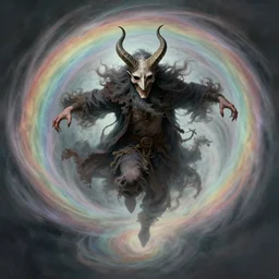 a flying wizard with horned mask surrounded by a pale rainbow colored tornado, art by artgerm and greg rutkowski and alphonse mucha, detailed, realistic, long hair, levitating wizard, inside the tornado ultra realistic, concept art, intricate details, feral, eerie, highly detailed, dark fantasy, photorealistic, octane render, 8 k, unreal engine 5.