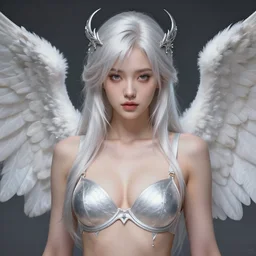 beautiful angel girl portrait, platinum bra, platinum wings, highly detailed, d & d, fantasy, highly detailed, digital painting, trending on artstation, concept art, sharp focus, illustration, art by artgerm and greg rutkowski and fuji choko and viktoria gavrilenko and hoang lap
