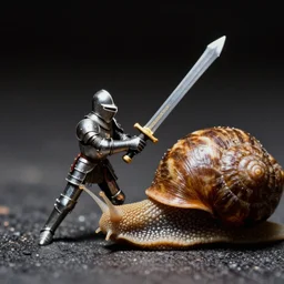 a tiny human knight in armor swinging his sword at an ordinary snail with a large shell, anamorphic, dramatic lighting, professional macro photography, kodak ektar film