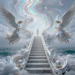 “stairway rising out of the misty morning ocean leading to iridescent heaven, trippy, depth, pearly swirls, angelic beings 8k octane render, ornate”