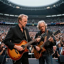 eric clapton alongside tab benoit playing guitar, photorealistic, hyperrealism, intricate details naturalism, photographed by jim marshall, ross halfin, danny clinch, matty vogel, mark lerner, greg rutkowski, trending on artstation, 8 k, ethereal, epic photography, large stadium concert, photographed in 2 0 0 6, award - winning photograph
