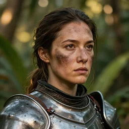 head and shoulders portrait of a female knight, used armor, smudged face, detailed face, photography by jimmy nelson, by paul schutzer, golden hour, jungle