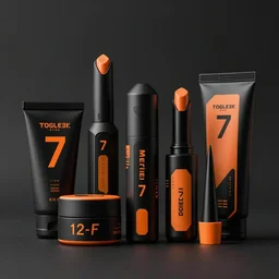 a range of sophisticated high - fashion futuristic cosmetic packaging, black and orange colour palette, product shot, military shapes, f - 1 1 1 7 style, studio lighting