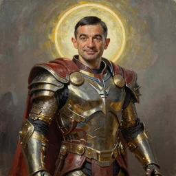 an oil painting of mr bean in mjolnir armor, 8k, halo