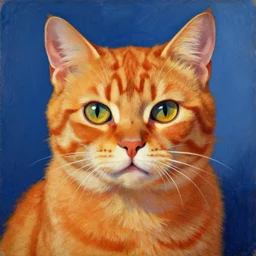 a painting of an orange cat looking profoundly into the eyes of the beholder, a gouache by rene magritte, flickr, vorticism, soviet propaganda, 1 9 7 0 s