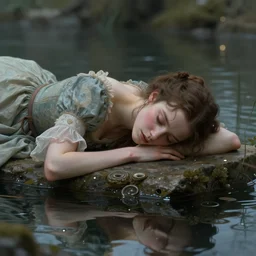 beautiful lady of shalott laying in a river, sadness, longing, sharp focus, intricate, elegant, digital painting, artstation, matte, highly detailed, concept art, illustration, volumetric lighting, bokeh light, art by greg olsen and liz lemon swindle