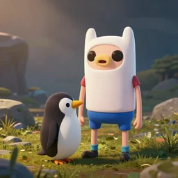 a realistic photograph of Beemo from adventure time playing with a penguin, photorealistic, CryEngine, rendered in octane, Unreal 3D, Artstation