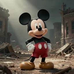 Mickey Mouse the destroyer of worlds, photorealistic, film still, desolate
