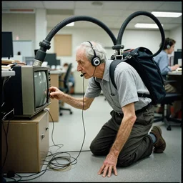 in an call centre office, A skinny old Man with a old television strapped to his back ,flexible industrial pipes join his ears and mouth to the television, fibres trial on the floor ,Kodak portra 400