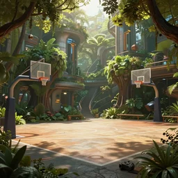 an intricate concept art illustration of an undergrowth street empty basketball court futuristic, digital art, photorealistic movie still, style ivan talavera and artgerm, radiant lighting, hyper realistic, photorealistic, octane render, trending on artstation, cgsociety, cinematic light, 8 k