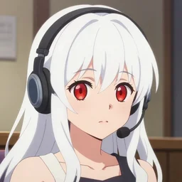 high quality anime film portrait of a cute ( ( red eyed girl!! ) ) with ( ( long white hair!! ) ) wearing a headset in her room interior. art by makoto shinkai, takashi takeuchi, akihiko yoshida,, pixiv, danbooru, headshot, cute face by ilya kuvshinov, manga