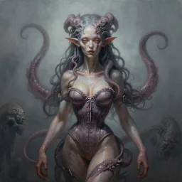 by Tom Bagshaw, ultra realist soft painting of lovecraft and giger world of curiosities, single hybrid female monster in a corset, tentacles, partial symmetry accurate features, very intricate details, focus, curvy, award winning, ultra dense fog