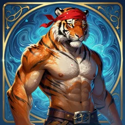 anthropomorphized male tiger as league of legends hero, masculine and strong, red tattered bandana by artgerm, cushart krenz, greg rutkowski, mucha. art nouveau. gloomhaven, swirly liquid ripples, blue tones, vibrant colors, sharp edges. ultra clear detailed. 8 k. elegant, intricate, octane render