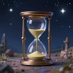 A magic portal in the starry sky with a fantasy sandglass next to it