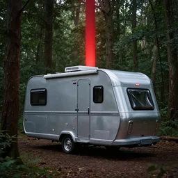 a silver metallic camper in a forest clearing, with a red pillar of light in the background of the image