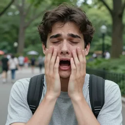 photo of a crying umimpressive young man in central park, eyes are misplaced
