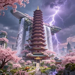 huge gargantuan angular dimension of pagoda liminal spaces, temples by escher and ricardo bofill. utopian singaporean landscape by roger dean. magical realism, surrealism, lush sakura trees, waterfalls, thunder, lightning, vaporwave, trending on artstation, shot from below, epic scale, by james jean