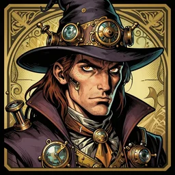 a detailed portrait illustration of a steampunk wizard. determined facial expression. art nouveau, pop art, comic book style. influenced by neil gaiman, h. p. lovecraft, dan mumford, brian froud, vadim voitekhovitch, killian eng, ross tran.