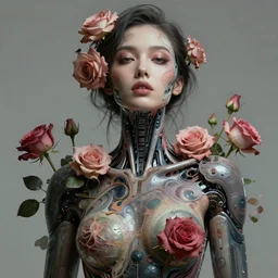 portrait of a seductive female with roses, cyberpunk cyborg. roses, muted colors, sci fi, intricate abstract upper body intricate artwork, by tooth wu, wlop, beeple, dan mumford. concept art, octane render, deviantart, greg rutkowski, cinematic arthouse, key art, hyper realism,