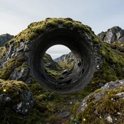looping wormhole, quantic fisical high moss mountains inside hollow earth jewelry mine, fireflies, clean sky, hight contrast, void, 8 k resolution, unreal engine 5, hyper - detailed, perspective view, 2 4 mm lens, by beeple, justin gerard