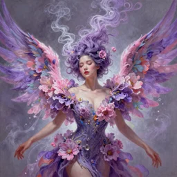 a colorful and provenance portrait painting of a fantasy female with beautiful face and her huge floral vibrant wings spread out gracefully, purple and pink shades ， detailed, highly detailed, hair made of hair made of air wind and curling smoke, mist, dust, genie, spirit fantasy concept art ， art by charlie bowater and by aenami, trending on artstation.