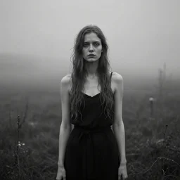 award winning photo of some lustful indifference to the world as lars von trier would depict it, she is 2 3, skinny, beautiful but inaccessible and listens to oathbreaker, she once dreamt to be a gorgon, her memory was erased by ecology, photo, black and white, the background is unsafe, insanely detailed, foggy like in norwegian black metal aesthetic