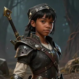 An epic fantasy comic book style portrait painting of a young dark skinned girl with short hair dressed as a boy in a cap in the style of the wheel of time, unreal 5, DAZ, hyperrealistic, octane render, cosplay, RPG portrait, dynamic lighting