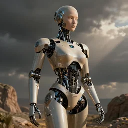 ancient womanized humanoid robot, photorealistic