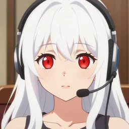 high quality anime visual of a cute girl, with red eyes!!!! and long white hair!!!! wearing a headset in her room interior, art by makoto shinkai, crunchyroll, pixiv, danbooru, hd, detailed anime face, cel shaded, smoothed lip line, digital art, tonemapped