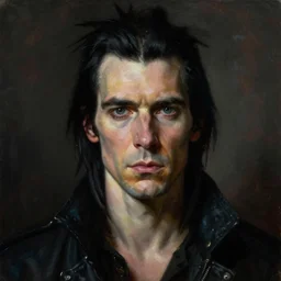 a portrait of cyberpunk nick cave, masterpiece, dramatic lighting, painting by caravaggio and ruan jia and jakub rebelka and beksinski