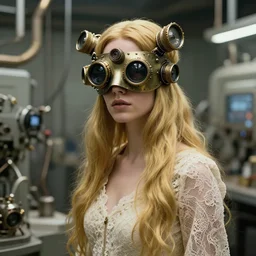 cinestill 5 0 d portrait of a dreamy dystopian beautiful woman britt marling 3 / 4 by liebovitz stand in a cyborg factory wearing a steampunk mask, long hair, wearing long lace, 2 4 mm lens, 8 k, elegant, highly detailed, pale gold matt, brutal rembrandt, artstation, sharp focus, head in focus