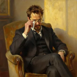 oil painting of tony stark wiping his glasses, sitting in an armchair in a room with the setting sun, by rembrandt golden hour
