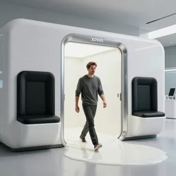 cinematic photoshoot of man walking out of white pool of milk in clean modern interior futuristic pro display xpr luxury smooth color metal white silver with black leather padding well design ultrareallistic detailed high quality 8 k photorealistic ultra realistic