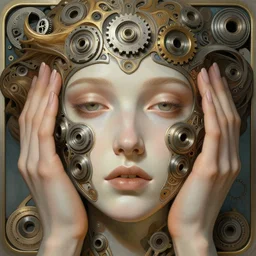 symmetry!! hands, machine parts embedded into face, intricate, elegant, highly detailed, digital painting, artstation, concept art, smooth, sharp focus, illustration, art by artgerm and greg rutkowski and alphonse mucha, 8 k
