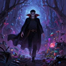 Vampire traveling through a beautiful psychedelic world, horror, illustrated by Andrew Ferez, trending on artstation