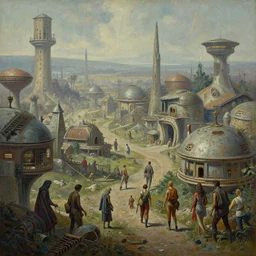cinematic view of a retro scifi village, desaturated, psychedelic, tim hildebrandt, wayne barlowe, bruce pennington, donato giancola, larry elmore, oil on canvas, masterpiece, trending on artstation, featured on pixiv, cinematic composition, dramatic, beautiful lighting, sharp, details, hyper - detailed, hd, hdr, 4 k, 8 k