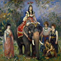 portrait of the ethnic asian female wearing tribal armor, sitting on top of a war elephante poses by gaston bussiere, anna nikonova aka newmilky, greg rutkowski, yoji shinkawa, yoshitaka amano, tsutomu niehi, impressionism, monet,