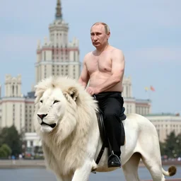 a portrait of Vladimir Putin shirtless riding a white lion, Moskva skyline in background, rich vivid vibrant colors, ambient lighting, dynamic lighting, lens flare, 4K, HQ, official media, trending on artstation