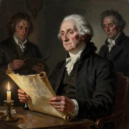 ultra - realistic horrifying painting of george washington in a suit reading a dead sea scroll by candlelight, by dave dorman, paul carrick, dark, brooding, volume lighting, atmospheric lighting, painted, intricate, ultra detailed, well composed, best on artstation, cgsociety, epic, stunning, gorgeous, intricate detail, wow, masterpiece