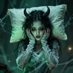 a prepossessing portrait of a cobwebs succubus in a pillow case distressing environment by armand guillaumin, trending on conceptartworld. : 5, 1 6 k resolution, 2 k resolution, path traced, path traced, ambient lighting, in the style of data - moshing, focused : 2, green sheen color scheme, blur, bokeh, dof : -