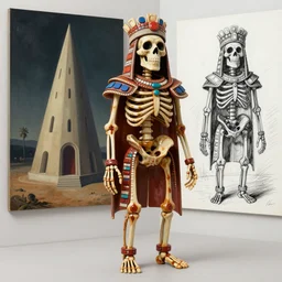 Barry Chuckle, emperor of gravy skeletons. Neo-Andean architecture. Painting by René Magritte, 3D rendering by Beeple, sketch by R. Crumb