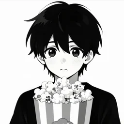 black and white anime character of a piece of fluffy popcorn with a smiling face and flames for hair, sitting on a lotus flower, clean composition, symmetrical