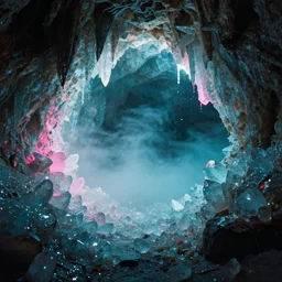 cave with crystals, glitter, volumetric light, foggy, moody, kodak photography, cyan and pink, paint splashes