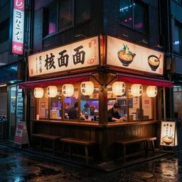 ramen shop at night, tokyo, rain, hyper realistic, photorealistic, hd, 8 k, unreal engine, detailed, vibrant, cyberpunk, cinematic, blade runner 2 0 4 9, complimentary colors, three - point light