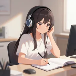 anime girl wearing headphones sits at a desk in her bedroom studying, beautiful light thorough window in the style of lofi hiphop in pencil and watercolor by glen keane